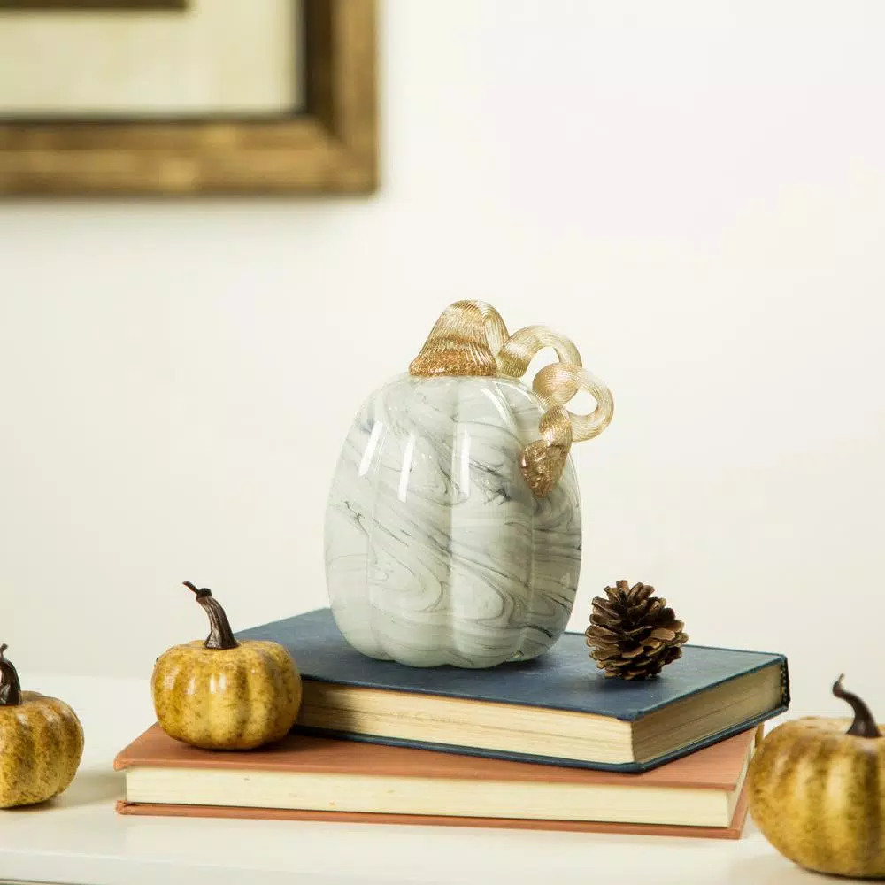 Glitzhome 5.71 in. Gray Marble Tall Glass Pumpkin - Handmade Indoor Tabletop Decor