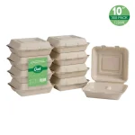 Unbranded 10 in. Natural Sugarcane 3-Compartment Clamshell Containers, 300 Pack thumbnail 2