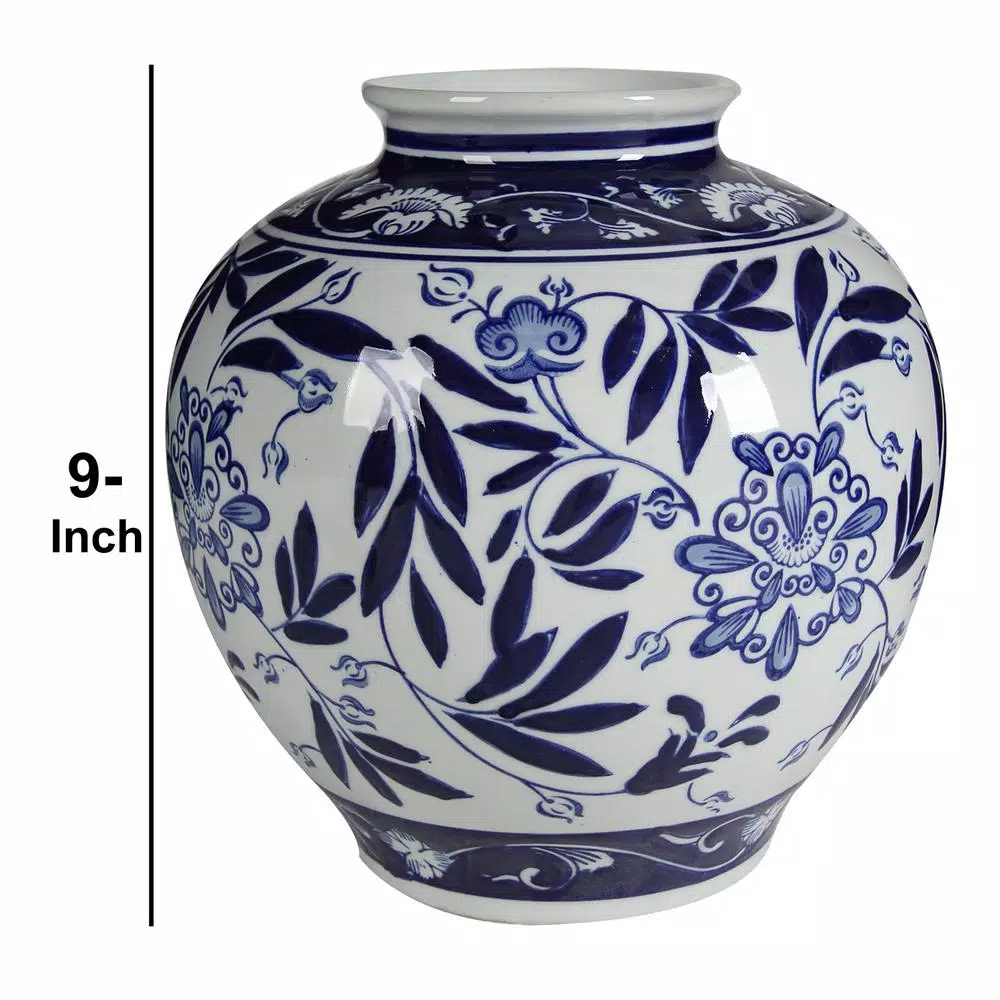 Benjara White and Blue Floral Ceramic Pot Shaped Table Vase