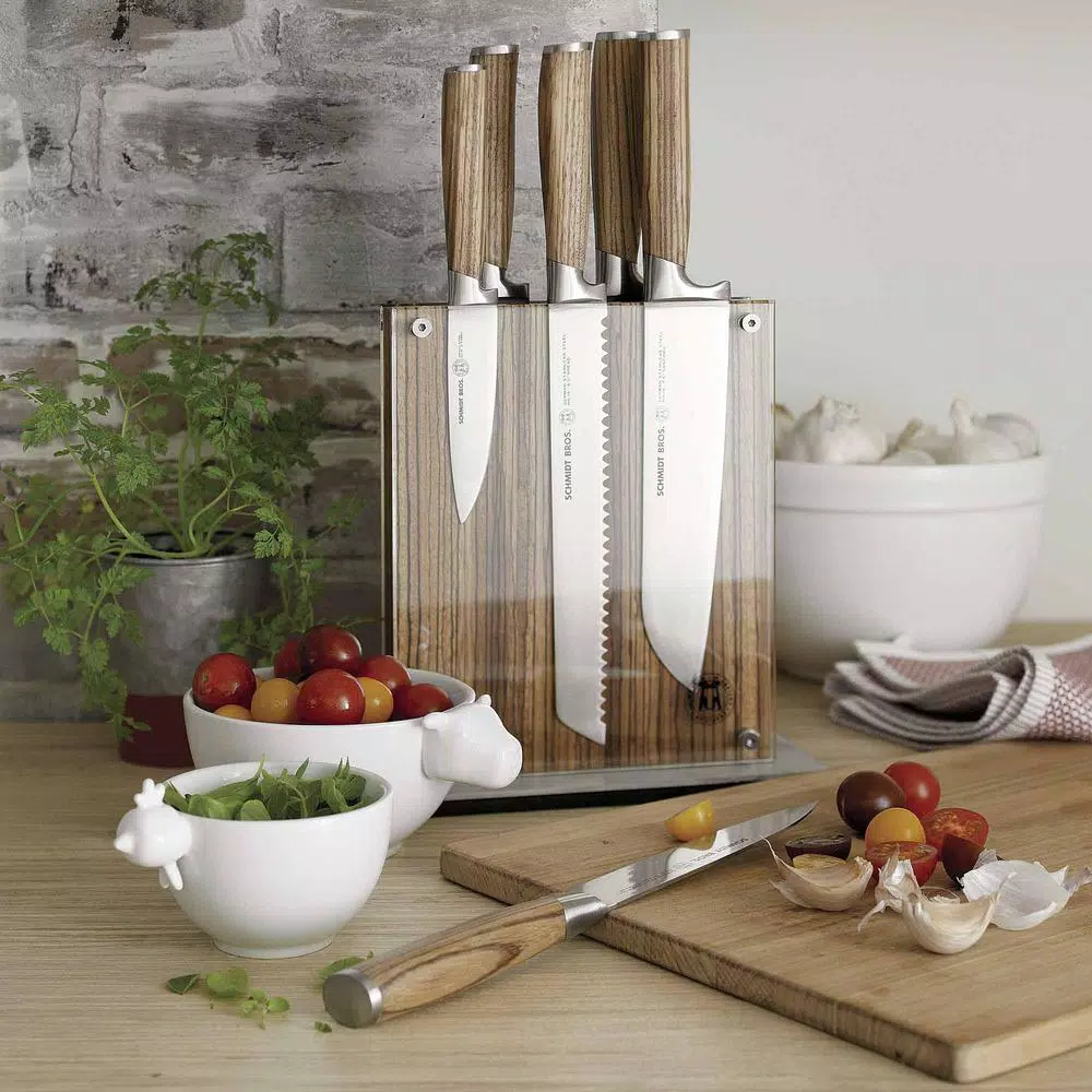 SCHMIDT BROS. 7-Piece Zebra Wood and German Stainless Steel Knife Set with Magnetic Midtown Block