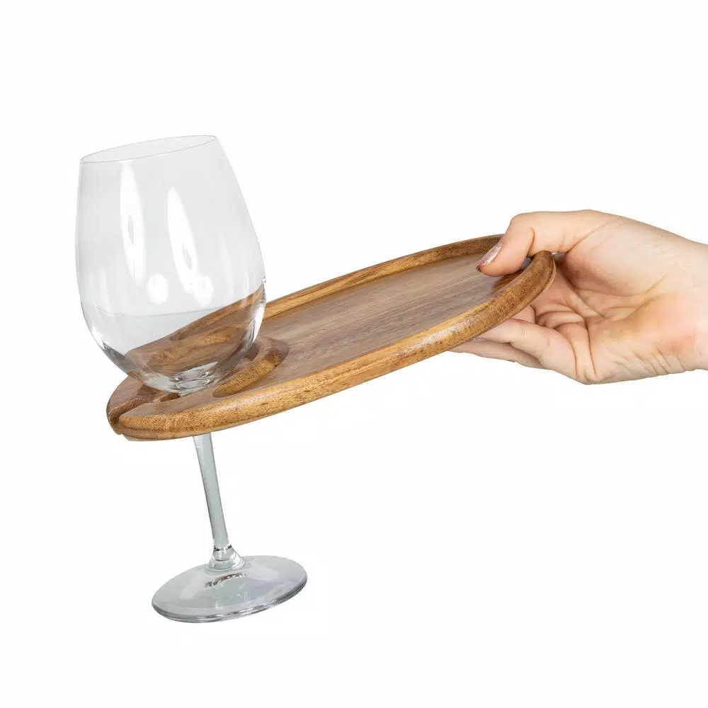 Picnic Time Acacia Wood Wine & Appetizer Plates with Glass Notch - Set of 4