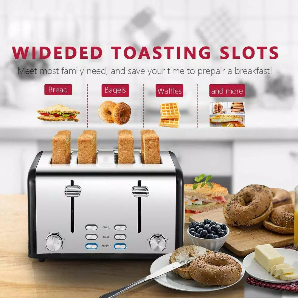 Boyel Living 1650W 4-Slice Wide Slot Toaster with Dual Independent Control Panels, Stainless Steel