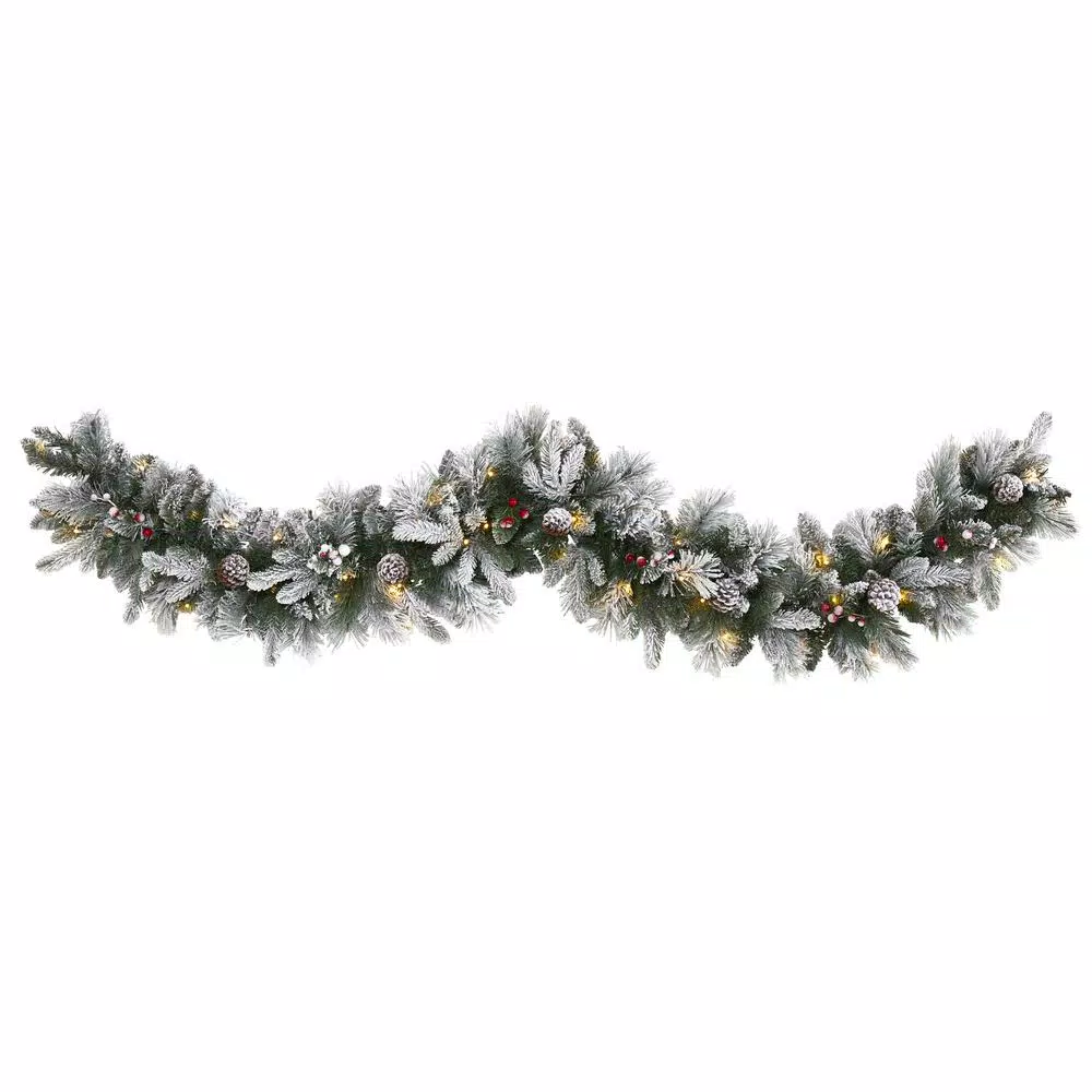 Nearly Natural 6 ft. Pre-lit Flocked Mixed Pine Artificial Christmas Garland with 50 LED Lights