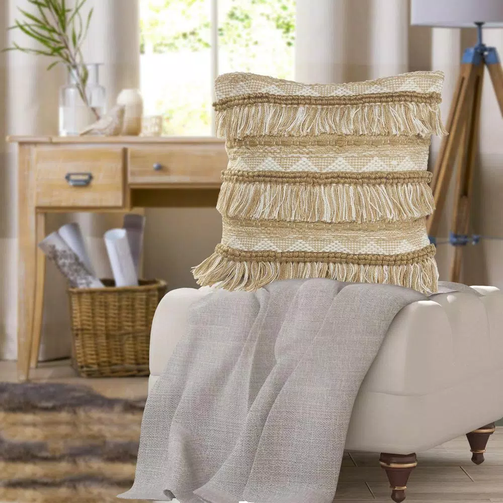 LR Home Beige and White Neutral Fringed Throw Pillow, 20 x 20 in., Geometric Embroidery