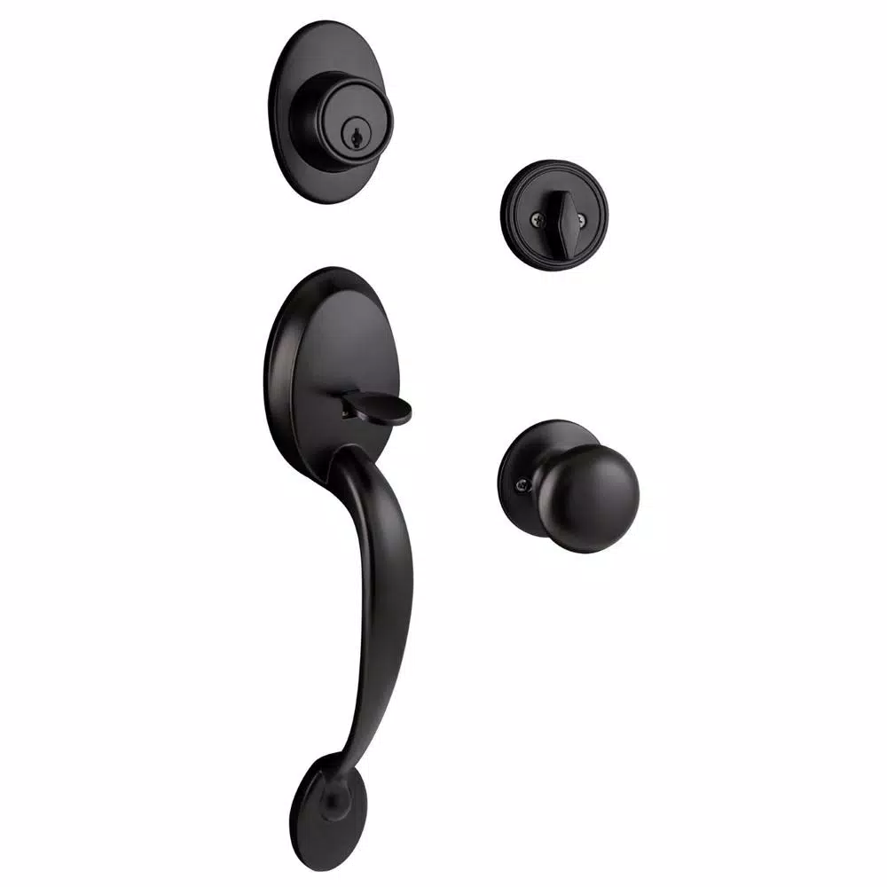 Design House Coventry Matte Black Entry Door Handleset with Cambridge Interior Knob and Single Cylinder Deadbolt
