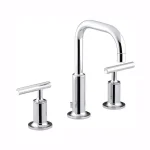 KOHLER Purist 8 in. Widespread Bathroom Faucet, Polished Chrome, Low Gooseneck Spout thumbnail 1