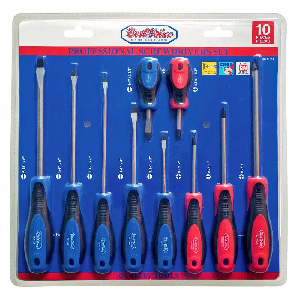 Best Value 10-Piece Chrome Vanadium Steel Screwdriver Set with Magnetic Tips, Phillips and Slotted
