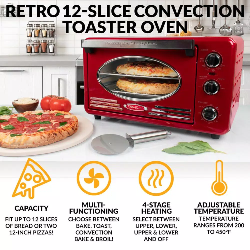 Nostalgia Retro 1500W 12-Slice Convection Toaster Oven with Timer - Retro Red