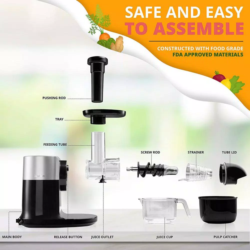 Ivation Black Masticating Electric Juicer with Stainless Steel and Ceramic Spiral Auger