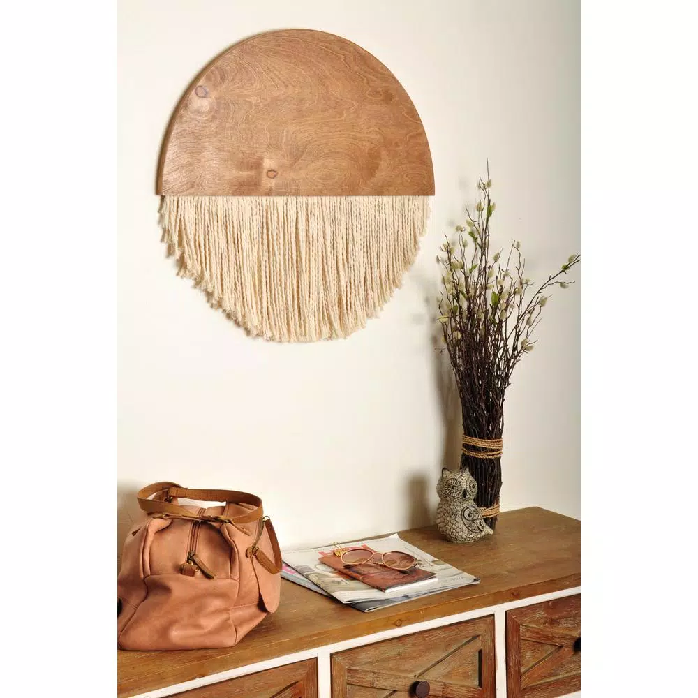 BrandtWorks 18 in. Wooden Round Fiber Art Wall Hanging - Bohemian Chic Handmade Cotton & Birch Wood Decor