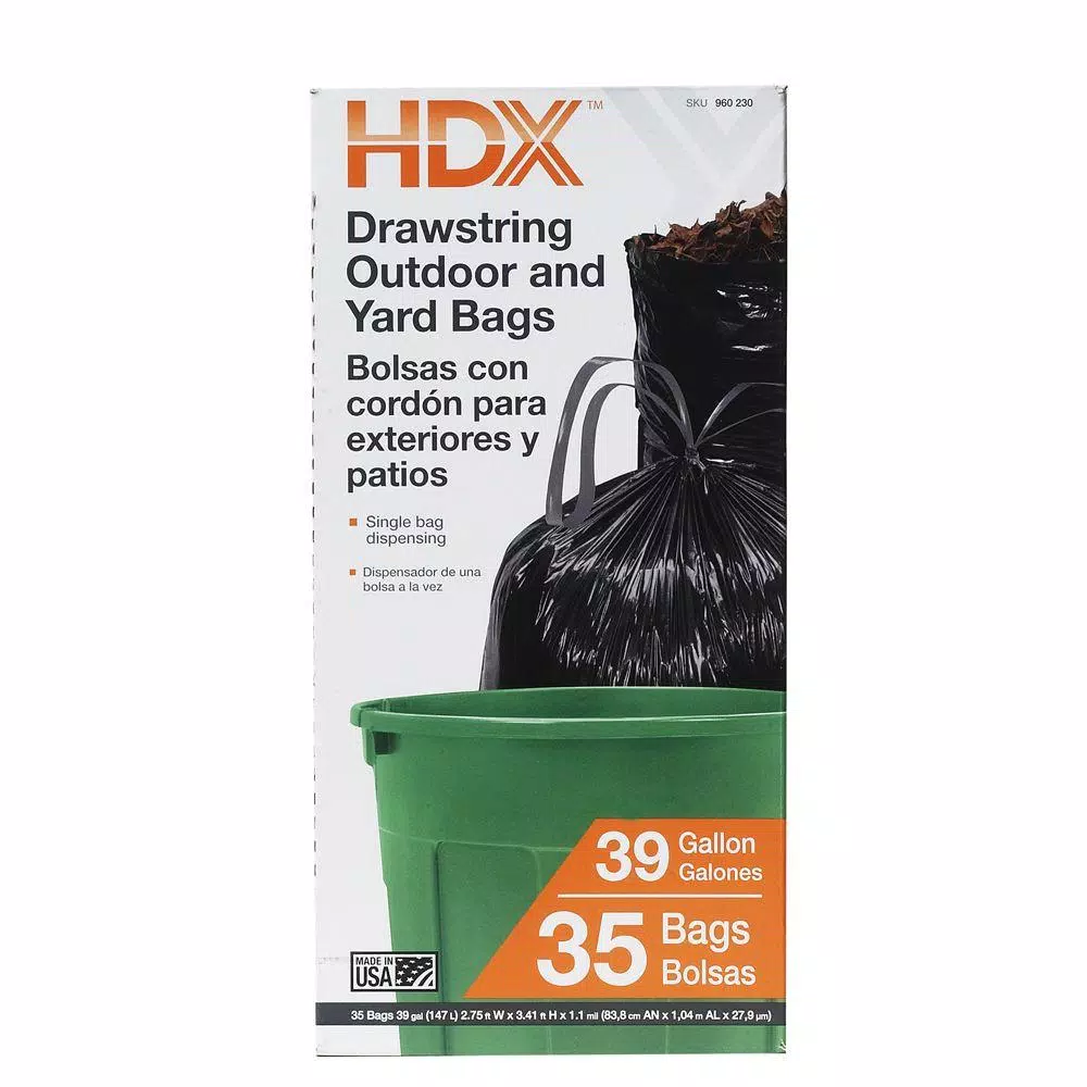 HDX 39 Gallon Outdoor/Yard Drawstring Black Trash Bags, 35 Count