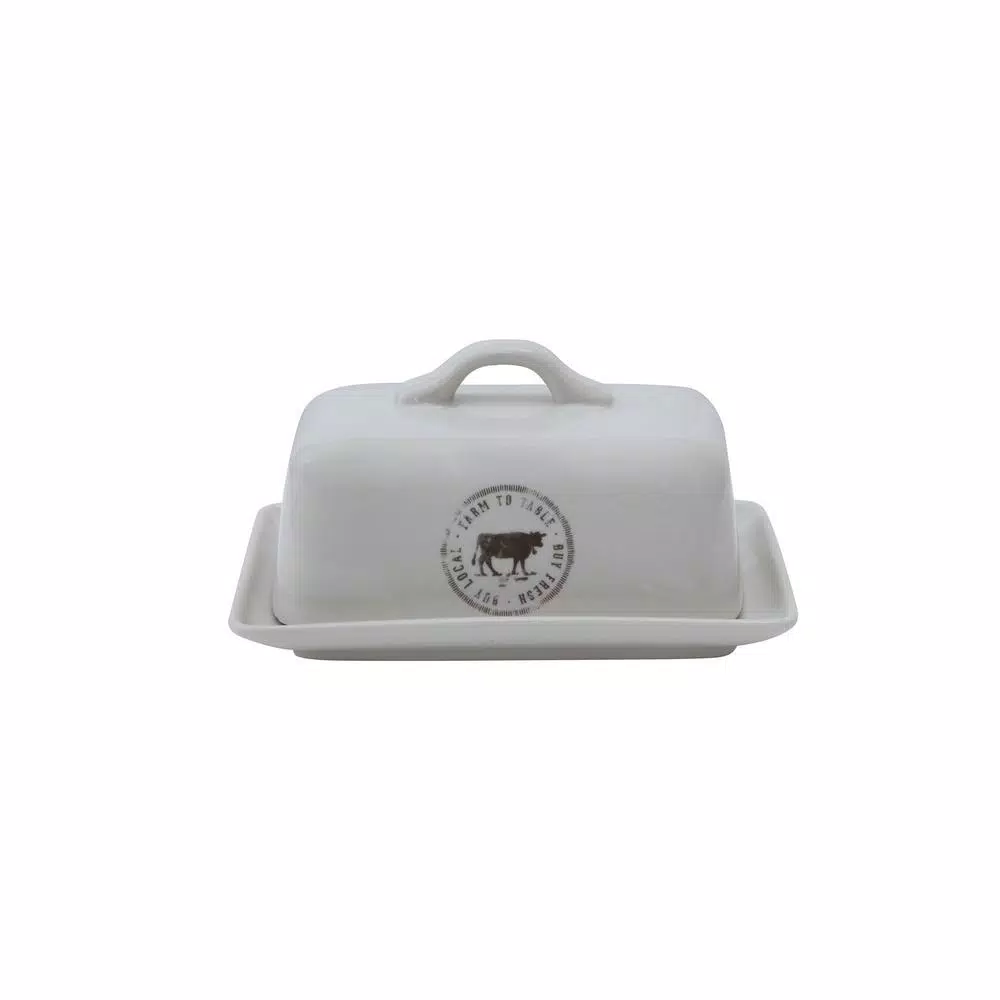 3R Studios White Stoneware Butter Dish Set of 2 - Farm to Table Country Style