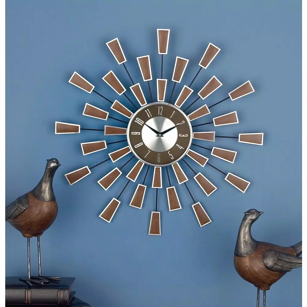 LITTON LANE 22 in. Modern Sunburst Round Wall Clock with Black Iron Rays and Brown Tips