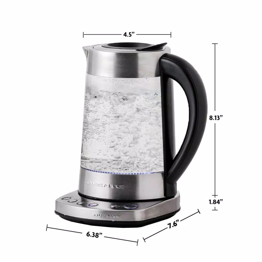 Ovente 1.7L Variable Temperature Glass Electric Kettle with ProntoFill Technology, Silver
