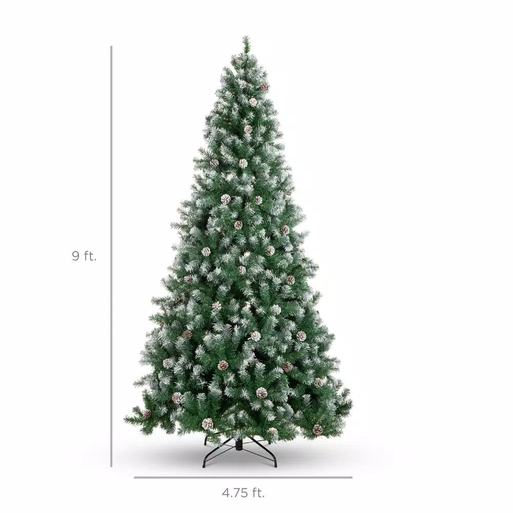 Best Choice Products 9 ft. Unlit Flocked Virginia Pine Artificial Christmas Tree with Pine Cones and Holly Berries
