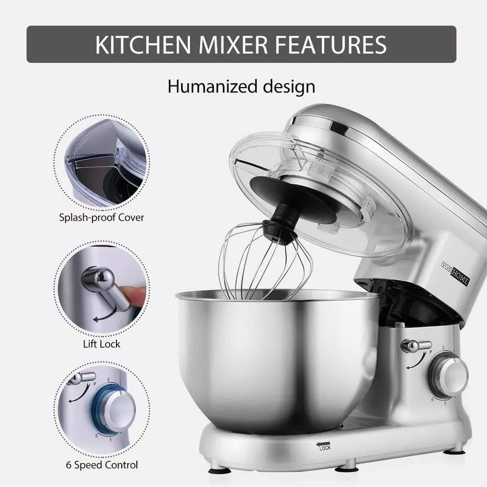 VIVOHOME 650W 6-Qt. Silver Tilt-Head Kitchen Stand Mixer with 6 Speeds