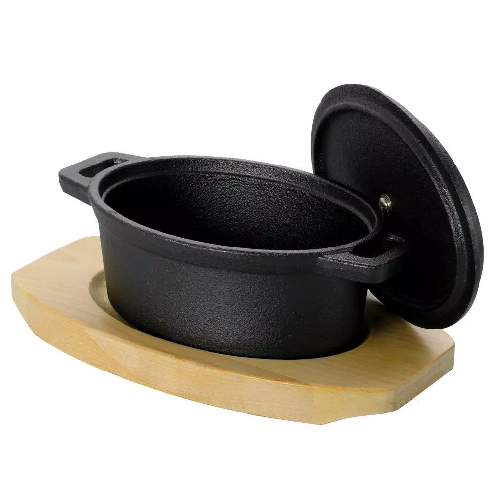 Gibson Home Campton 0.35 qt. Oval Cast Iron Mini Casserole Dish with Lid and Wood Base, Black