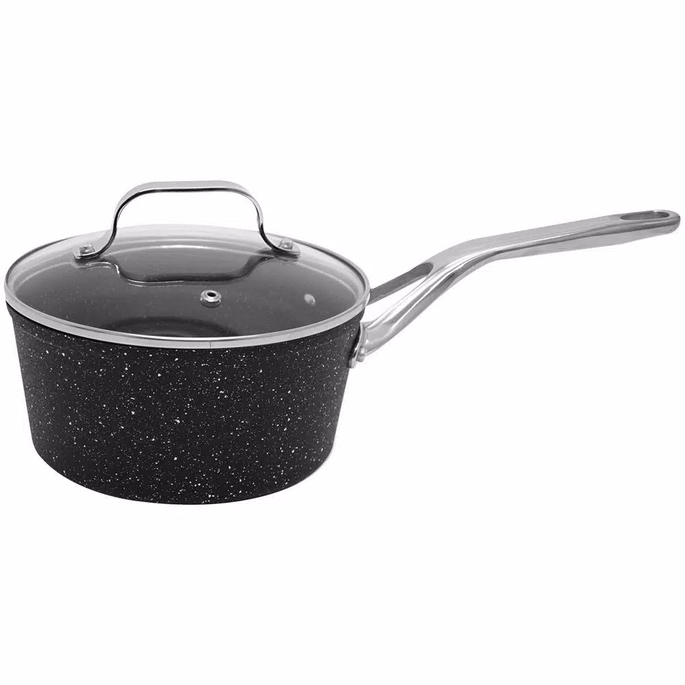 Starfrit The Rock 2 Qt. Aluminum Nonstick Sauce Pot with Glass Lid, Black Speckle