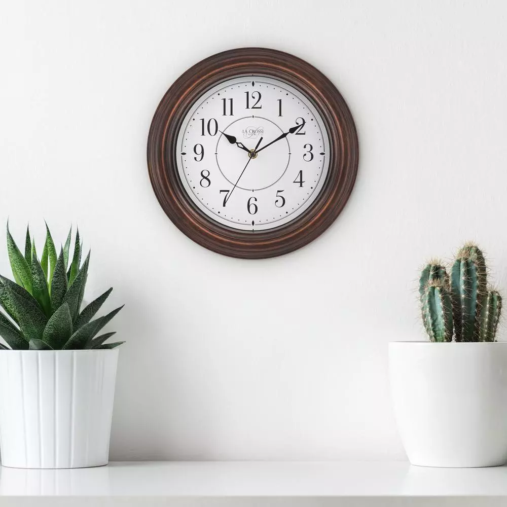 La Crosse Technology 12 in. Round Brown Faux Wood Wall Clock with Silent Quartz Movement