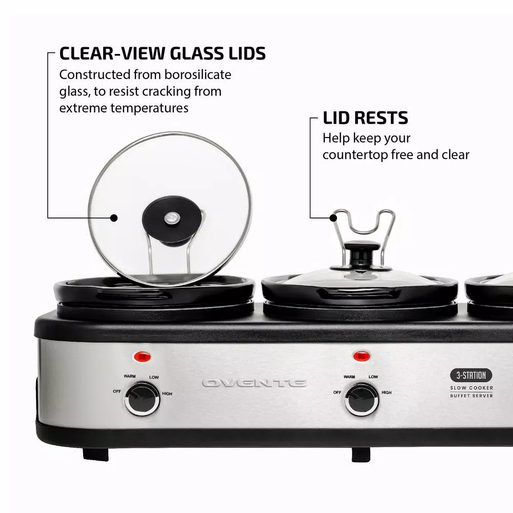 OVENTE 3-Station Slow Cooker and Buffet Server, 4.5 Qt. Silver Stainless Steel