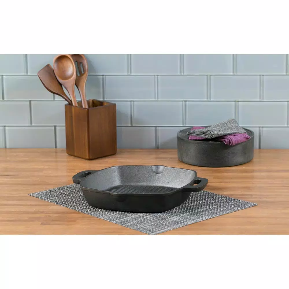 Basic Essentials 10 in. Square Cast Iron Nonstick Grill Pan, Black