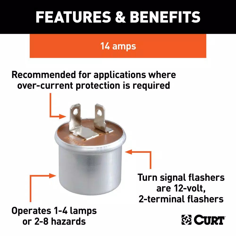 CURT 14-Amp Turn Signal Flasher, 12V, 2-Terminal (1-4 Lamps or 2-8 Hazards)