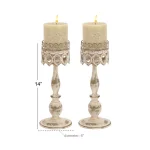 LITTON LANE 14 in. Distressed Ivory Iron Pillar Candle Holders with Filigree Design (Set of 2) thumbnail 6