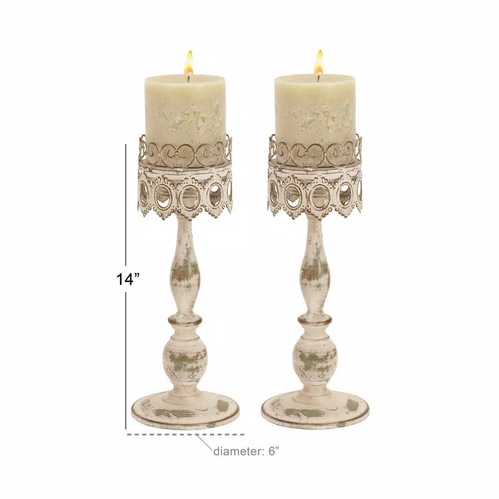 LITTON LANE 14 in. Distressed Ivory Iron Pillar Candle Holders with Filigree Design (Set of 2)