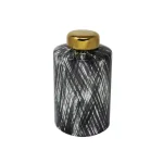 Benjara Black and White Ceramic Lidded Ginger Jar with Criss Cross Pattern and Gold Lid thumbnail 1