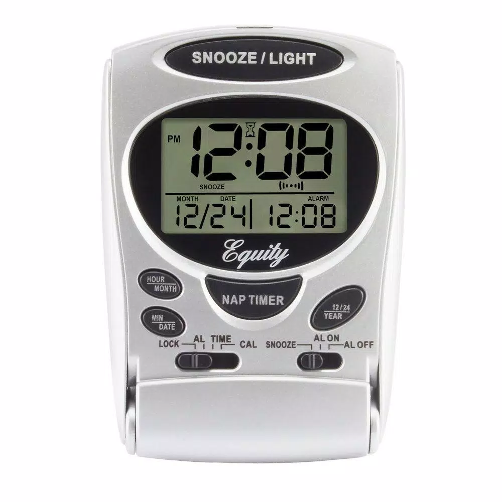 Equity by La Crosse Fold-Up Digital 2.70 in. LCD Travel Alarm Clock with Nap Timer and Backlight, Silver