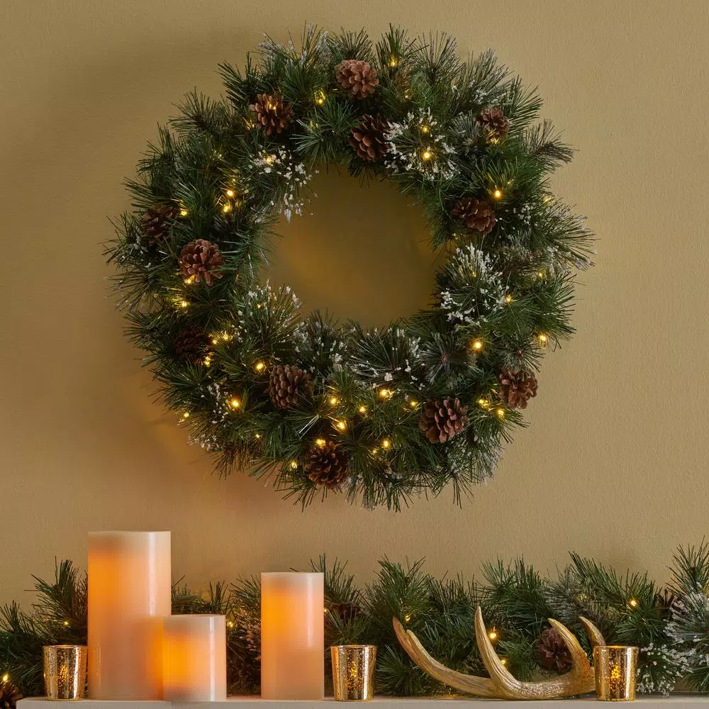 Noble House 24 in. Pre-Lit LED Artificial Christmas Wreath with Snowy Branches and Pinecones, Warm White