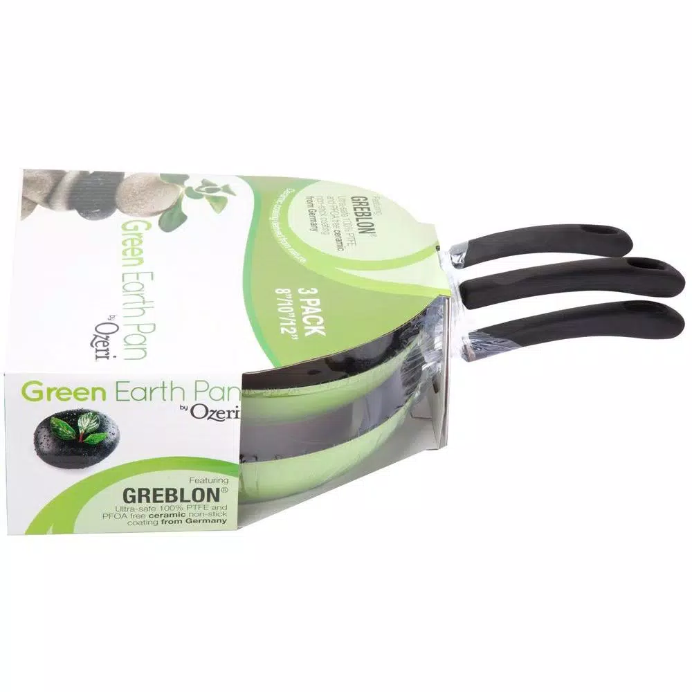 Ozeri Green Earth 3-Piece Aluminum Ceramic Nonstick Frying Pan Set, Green