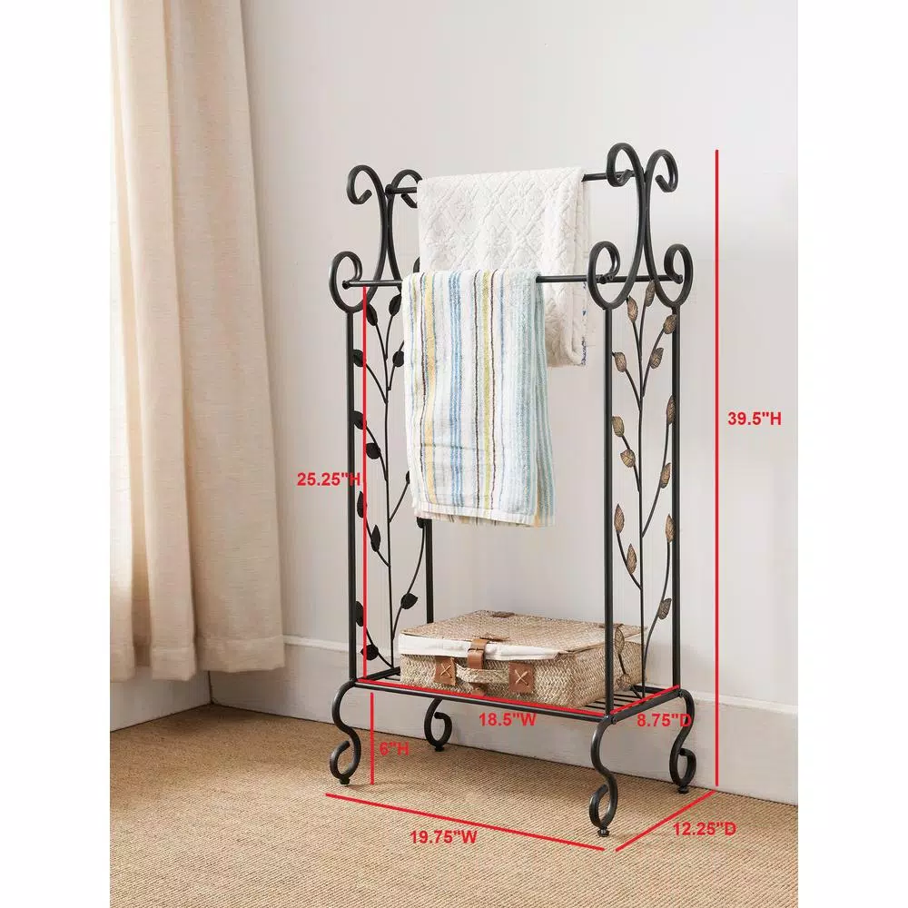 Kings Brand Furniture Black 3-Bar Freestanding Towel Rack with Gold Leaf Accents and Storage Shelf