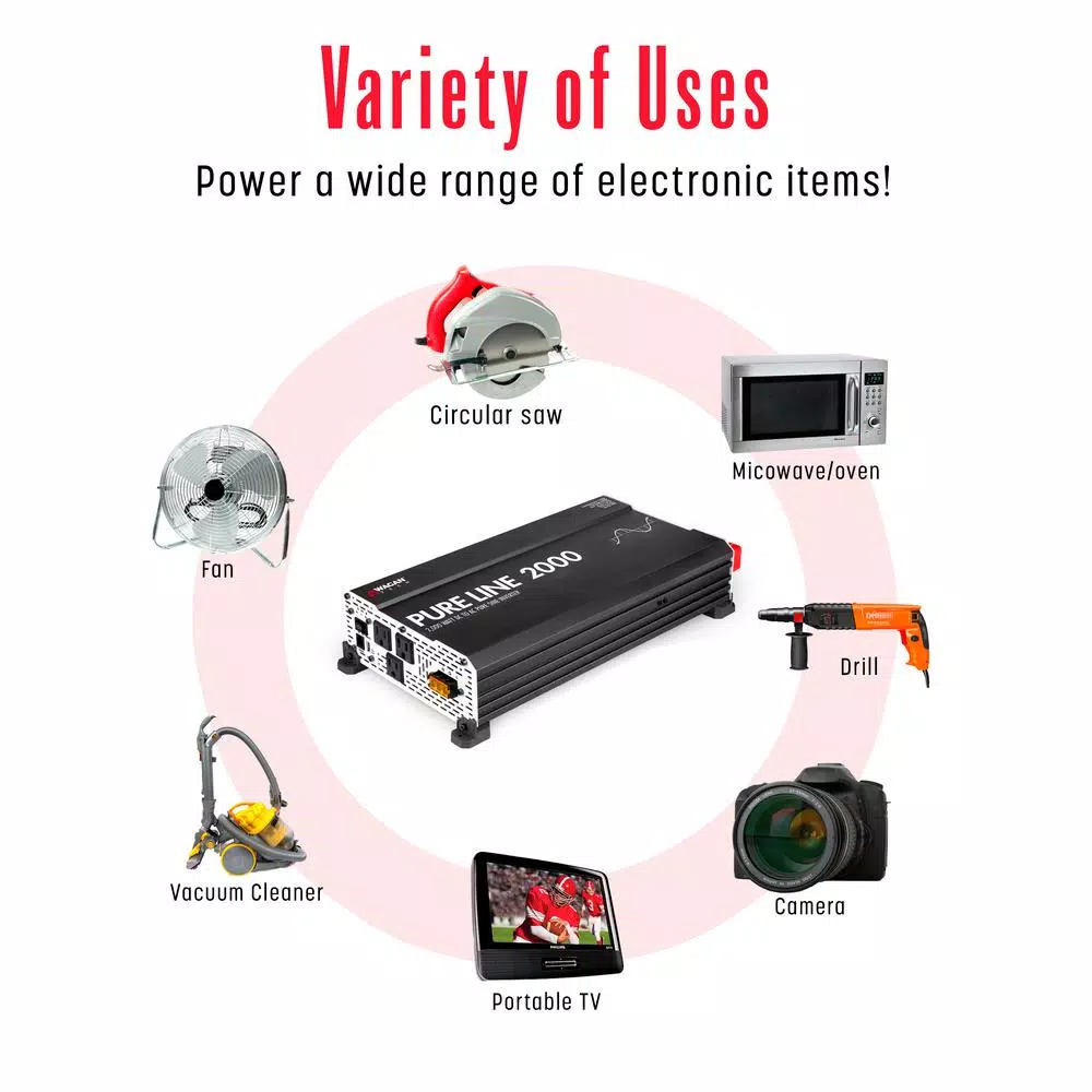 Wagan Tech Pure Line 2000-Watt Pure Sine Wave Inverter, 4000-Watt Peak, 12V DC to 120V AC, ETL Certified
