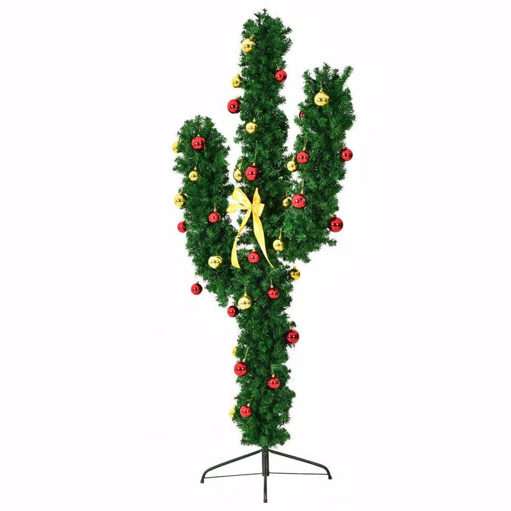 Costway 7 ft. Pre-Lit Artificial Cactus Christmas Tree with 160 LED Lights and Ball Ornaments