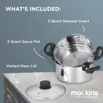 Mockins 3-Piece Stainless Steel Steamer Pot Set with 3 Qt. Saucepot and 2 Qt. Steamer Insert thumbnail 3