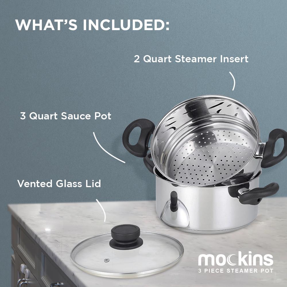 Mockins 3-Piece Stainless Steel Steamer Pot Set with 3 Qt. Saucepot and 2 Qt. Steamer Insert