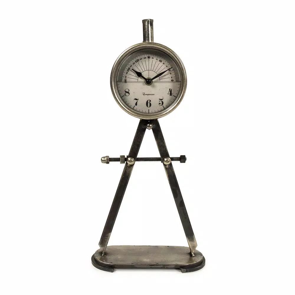 Zentique Rustic Mathematical Compass Shaped Table Clock - Antique Silver Metal Analog Desk Clock