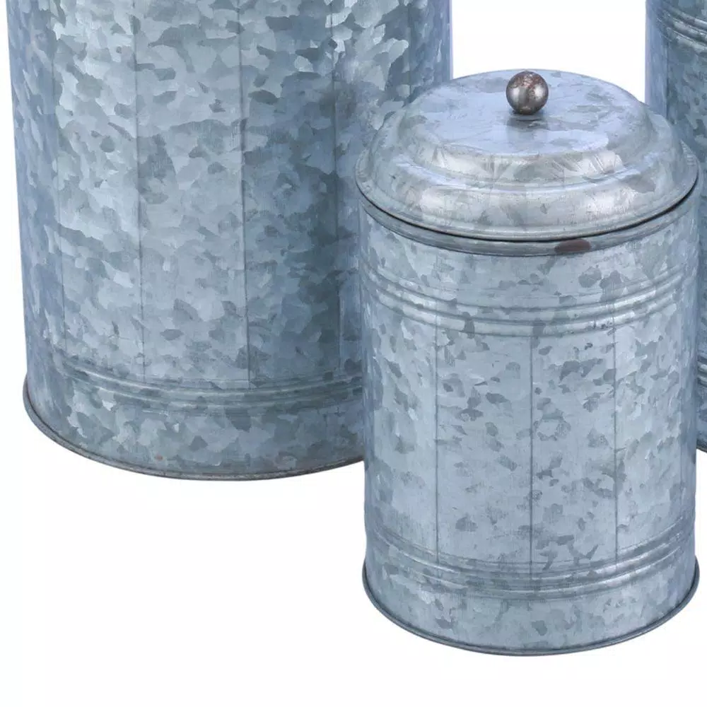 Benzara 3-Piece Rustic Galvanized Metal Kitchen Canisters Set - Distressed Gray Farmhouse Storage Jars