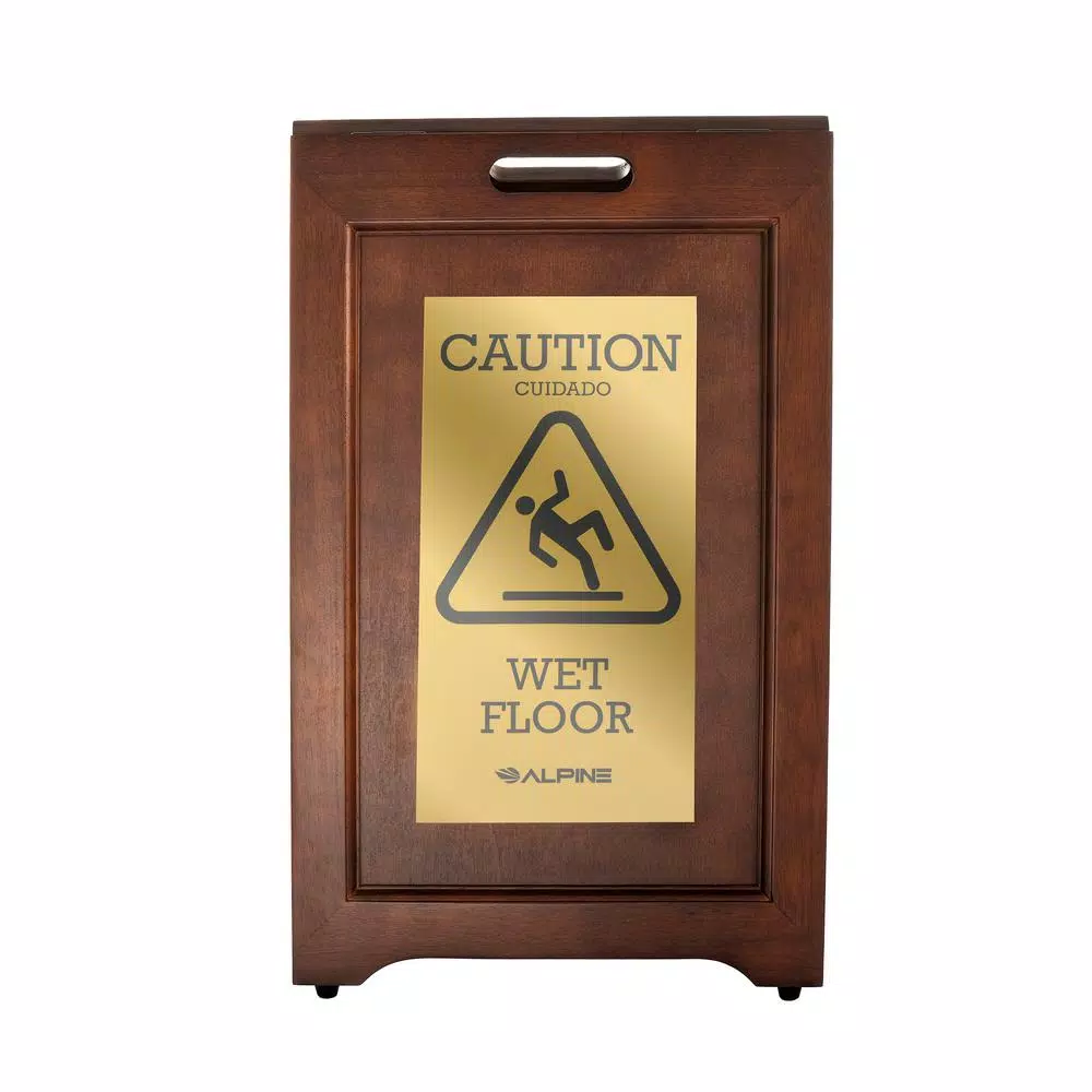 Alpine Industries 24 in. 2-Sided Brass Plated Wooden Bilingual Wet Floor Sign