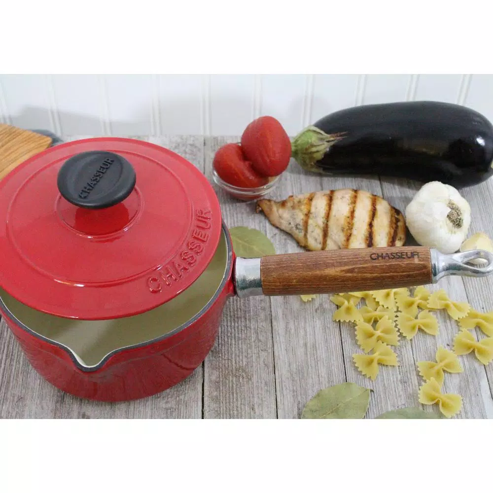 Chasseur 1.3 qt. Enameled Cast Iron Sauce Pan with Lid, Red