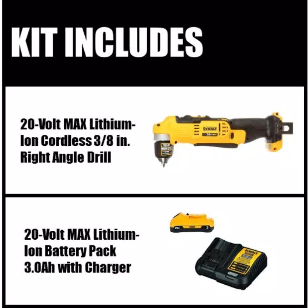 DEWALT 20V MAX Cordless 3/8 in. Right Angle Drill/Driver Kit with 3.0Ah Battery and Charger