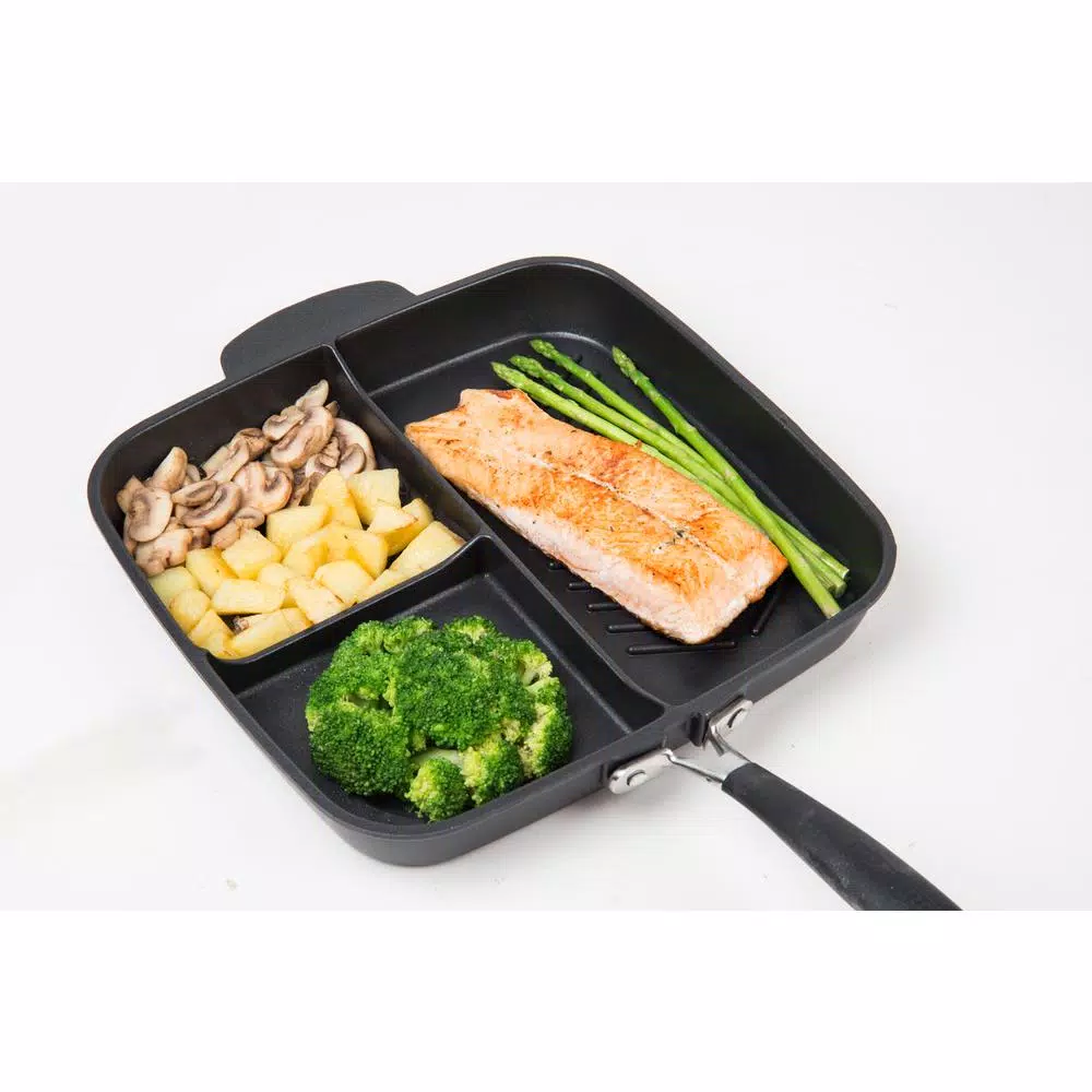 MasterPan3 11 in. Cast Aluminum 3-Compartment Nonstick Skillet, Black