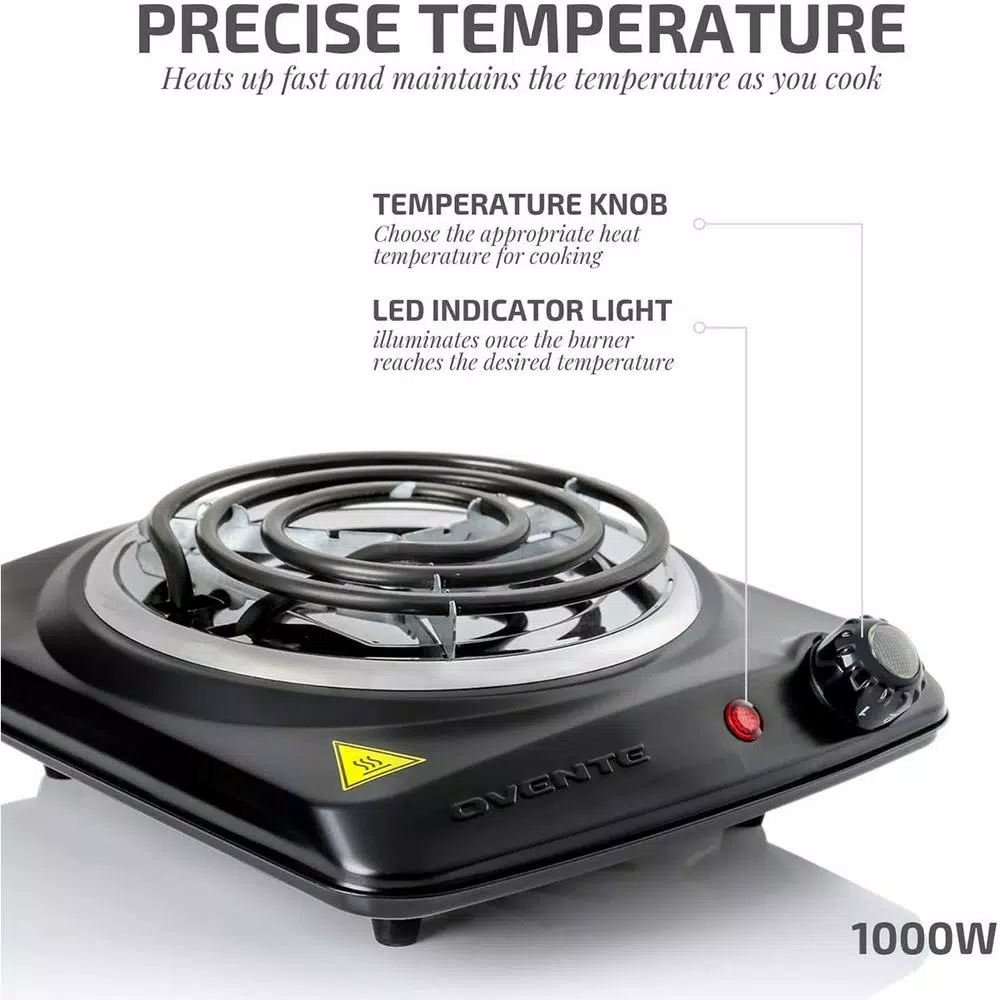 Ovente BGC101 1000W Electric Single Coil Burner Hot Plate, 6-Inch Heating Surface, Black