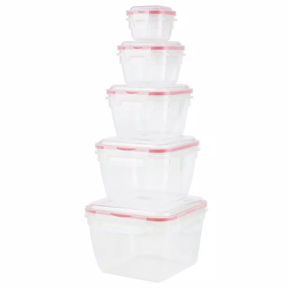 Unbranded 10-Piece Locking Square Plastic Food Storage Container Set with Steam-Vented Lids, Red