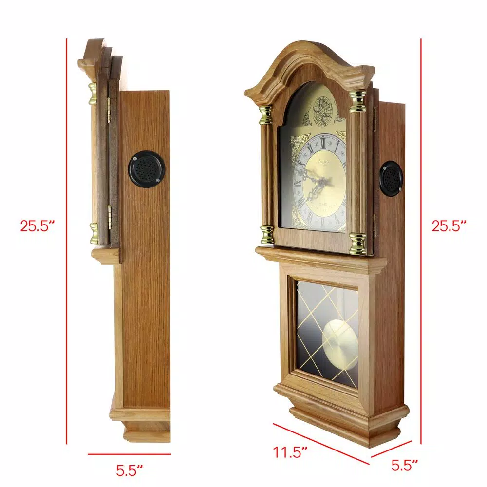 Bedford Clock Collection Bedford Collection 26 in. Golden Oak Wall Clock with Swinging Pendulum and Chimes