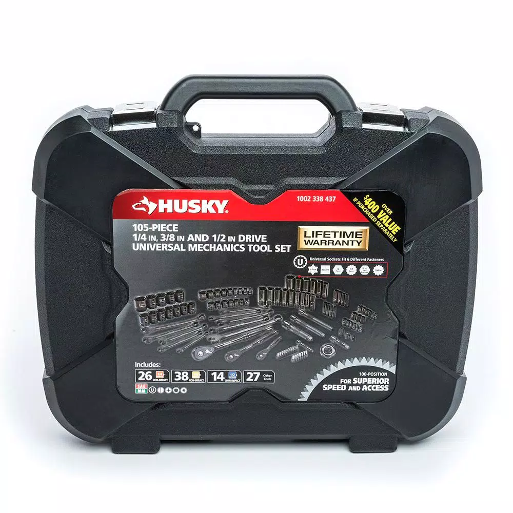 Husky 105-Piece Universal Mechanics Tool Set with 100-Position Ratchets and Knurl Grip Sockets