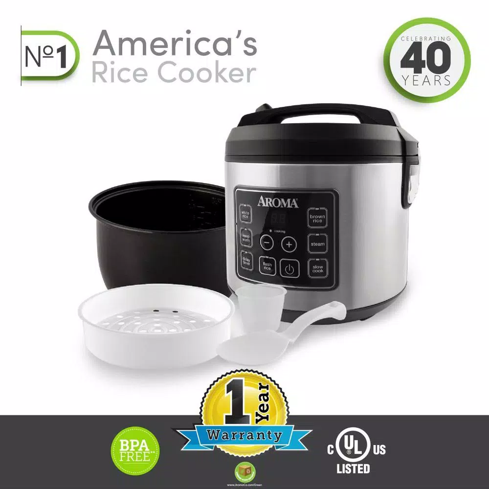 Aroma 20-Cup Digital Rice Cooker, Food Steamer, and Slow Cooker in Silver