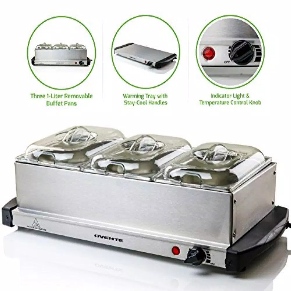 Ovente FW153W 3-Tray Buffet Server with Stand-Alone Warming Tray, Stainless Steel