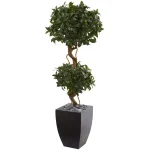 Nearly Natural 4.5 ft. Artificial Sweet Bay Double Topiary Tree in Black Wash Clay Planter thumbnail 1